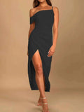 Split Asymmetrical Neck Midi Dress.