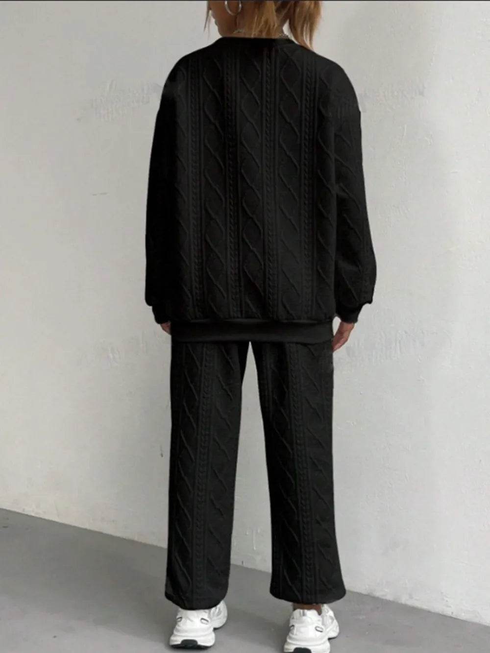 Texture Round Neck Top and Pants Set.