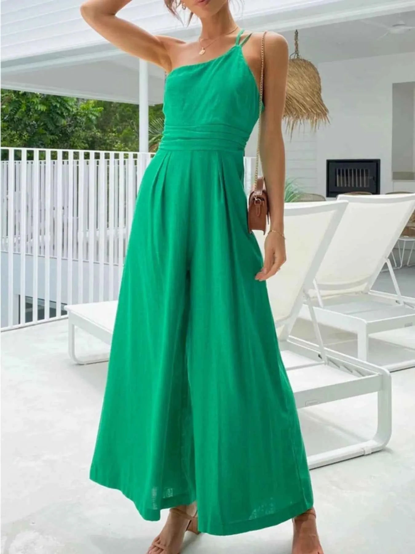 Single Shoulder Wide Leg Jumpsuit.