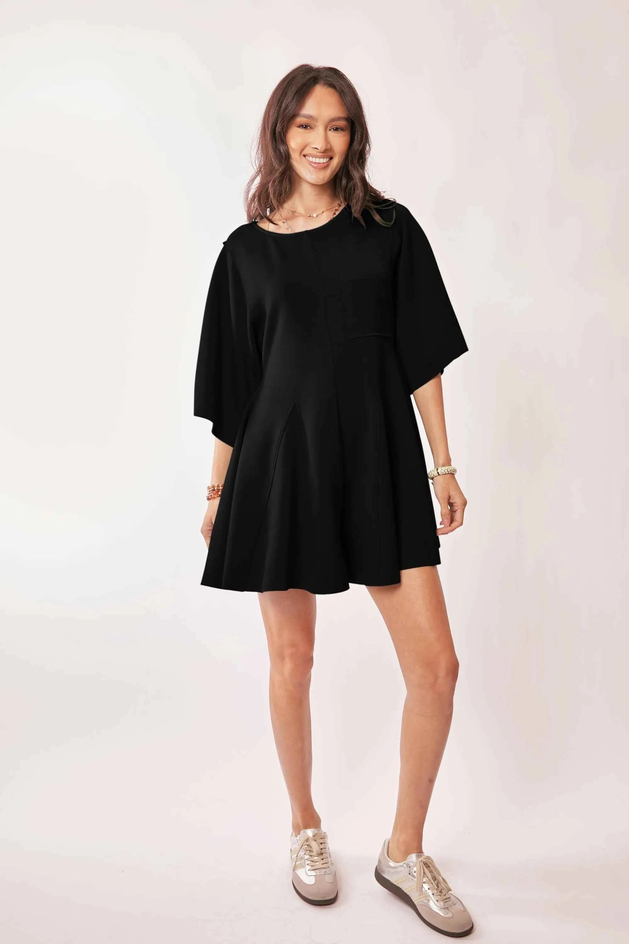 Davi & Dani Solid Draped Sleeve Ties Back Skort Romper.