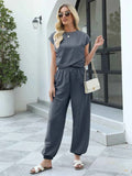 Round Neck Short Sleeve Top and Pants Set.