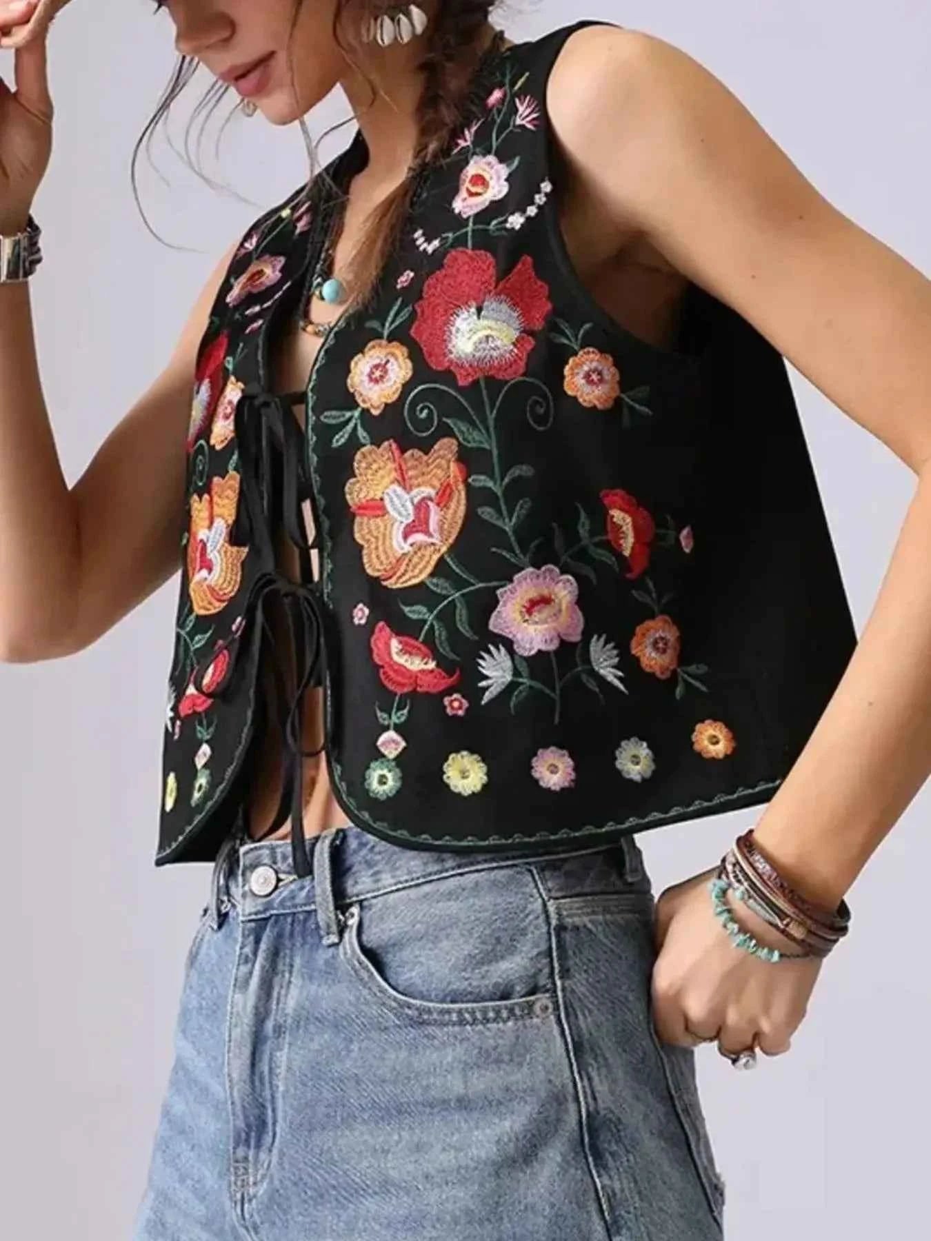Floral Embroidered Lace-Up Vest.