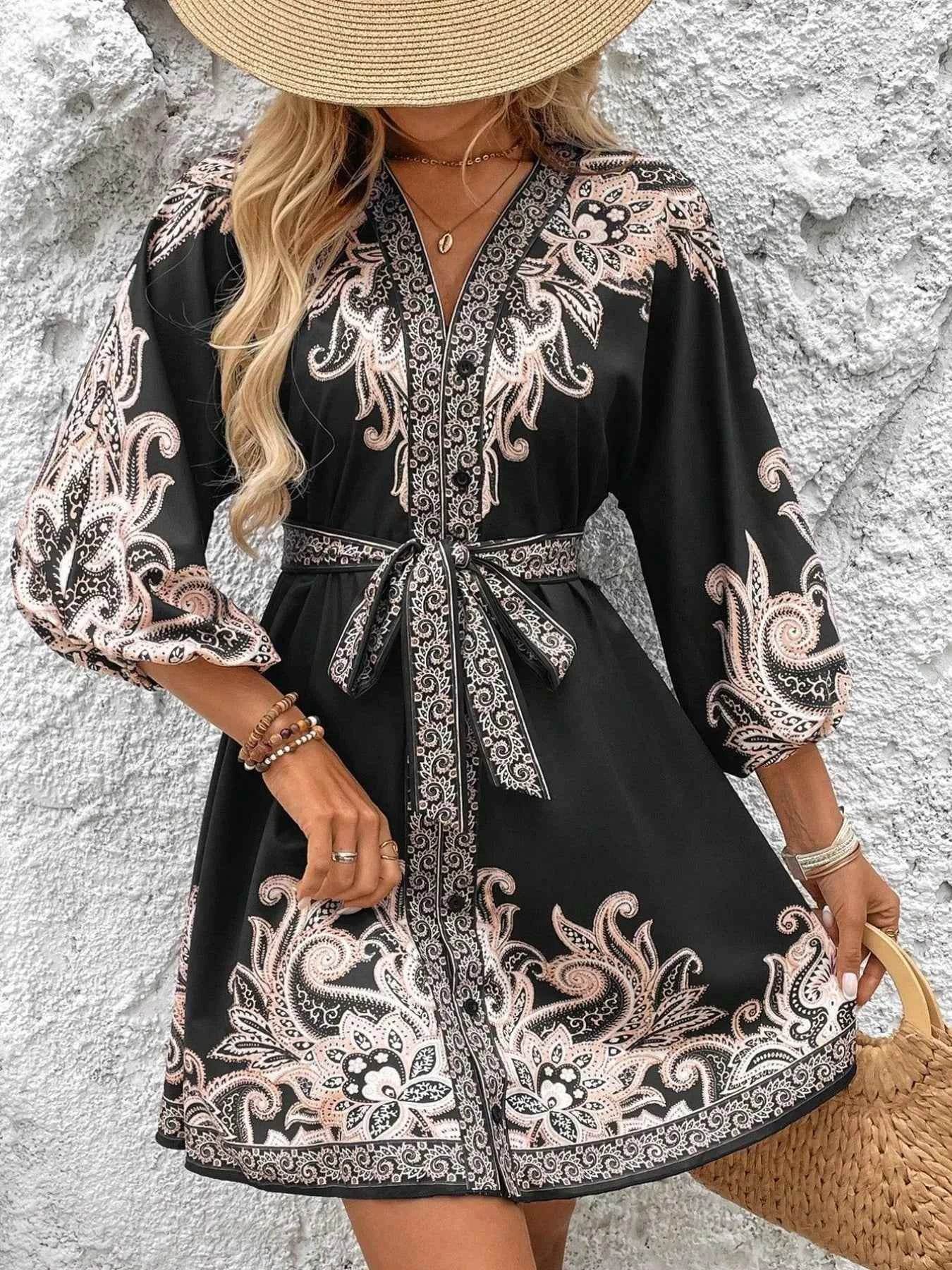 Printed V-Neck Balloon Sleeve Mini Dress.