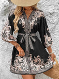 Printed V-Neck Balloon Sleeve Mini Dress.