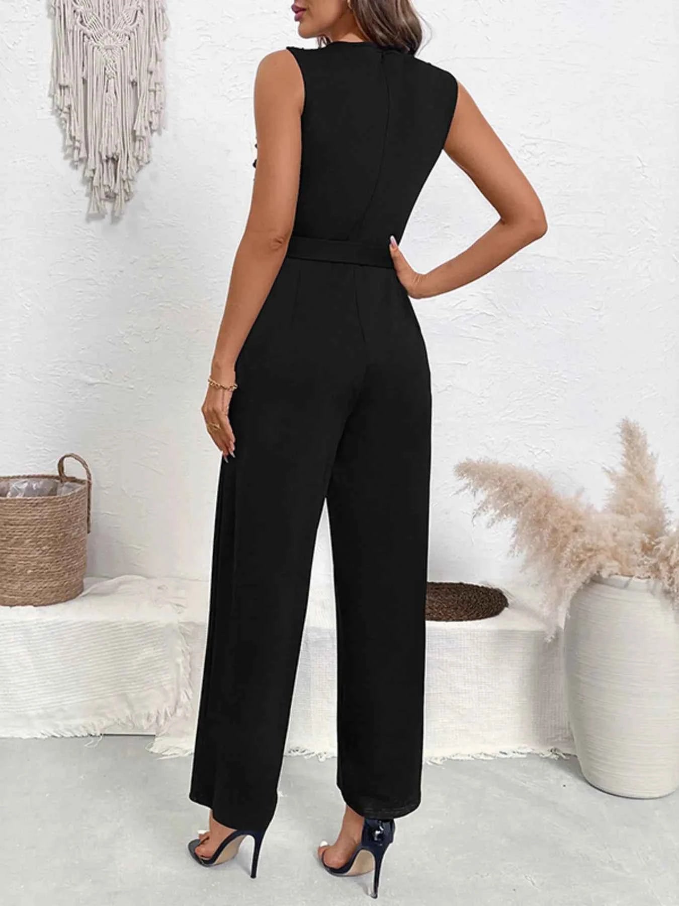 Flower Lace Mesh Sleeveless Wide Leg Jumpsuit.