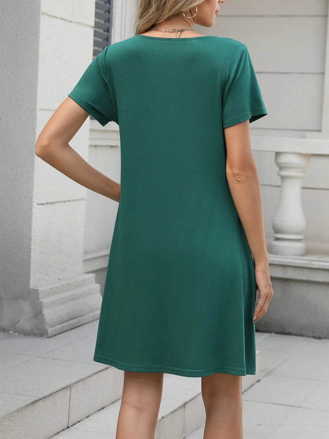 Pleated Front Round Neck Swing Dress.