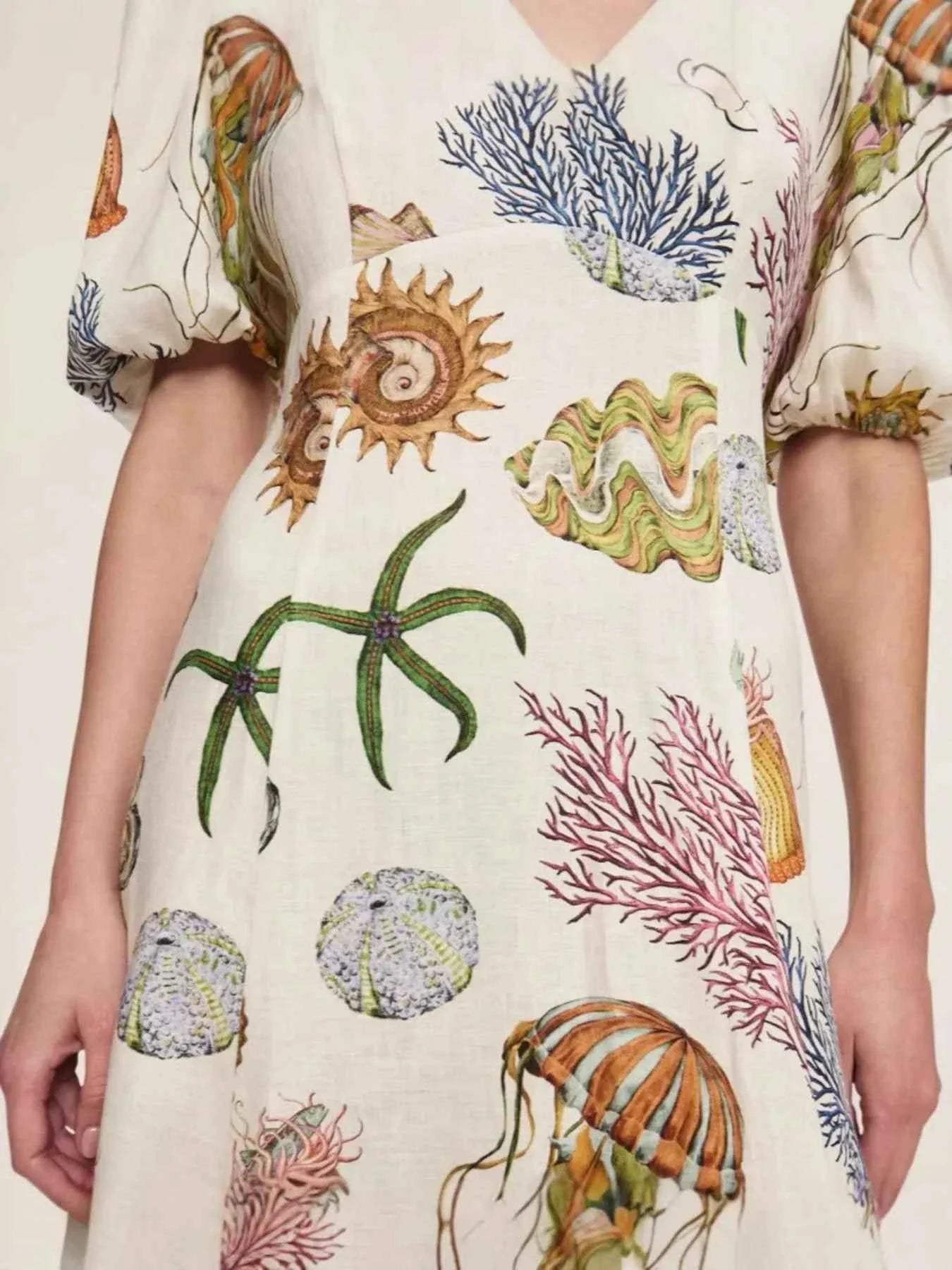 Printed Round Neck Puff Sleeve Dress.