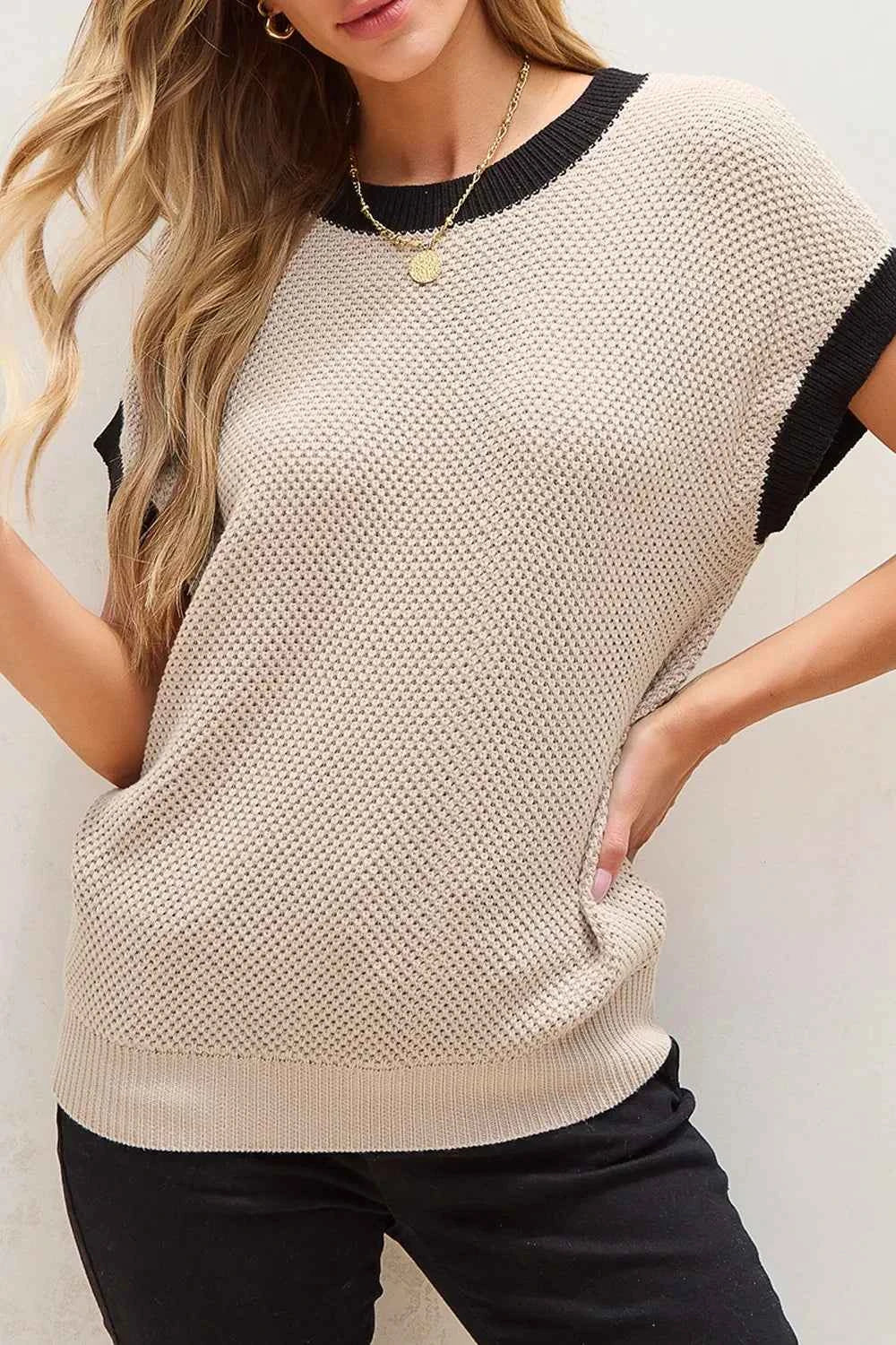 Textured Knit Sweater with Contrast Trim.