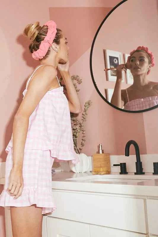 Lime 'N' Chili Gingham Ruffle Trim Cami & Shorts Pajama Set.