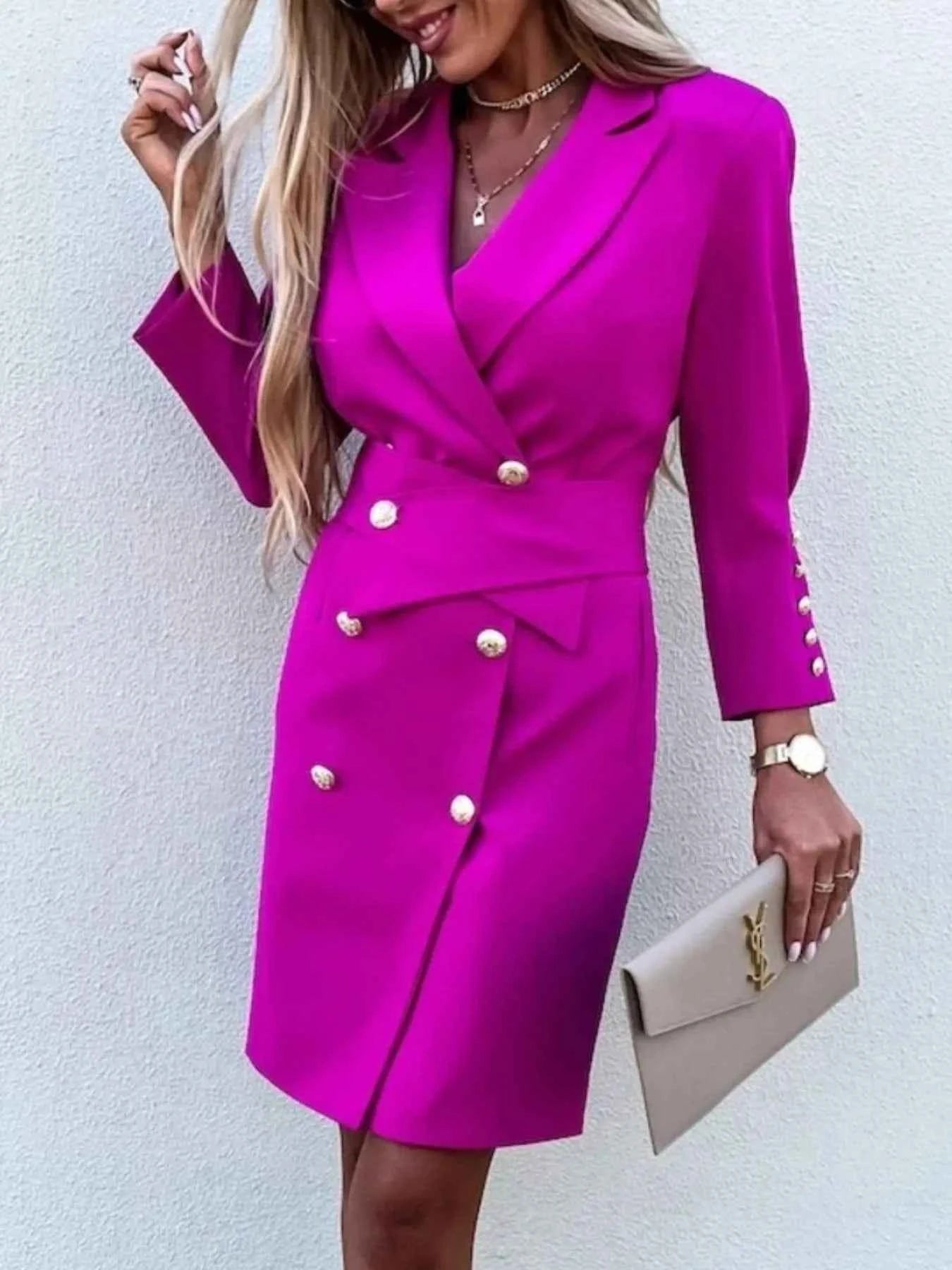 Double-Breasted Longline Blazer with Lapel Collar.