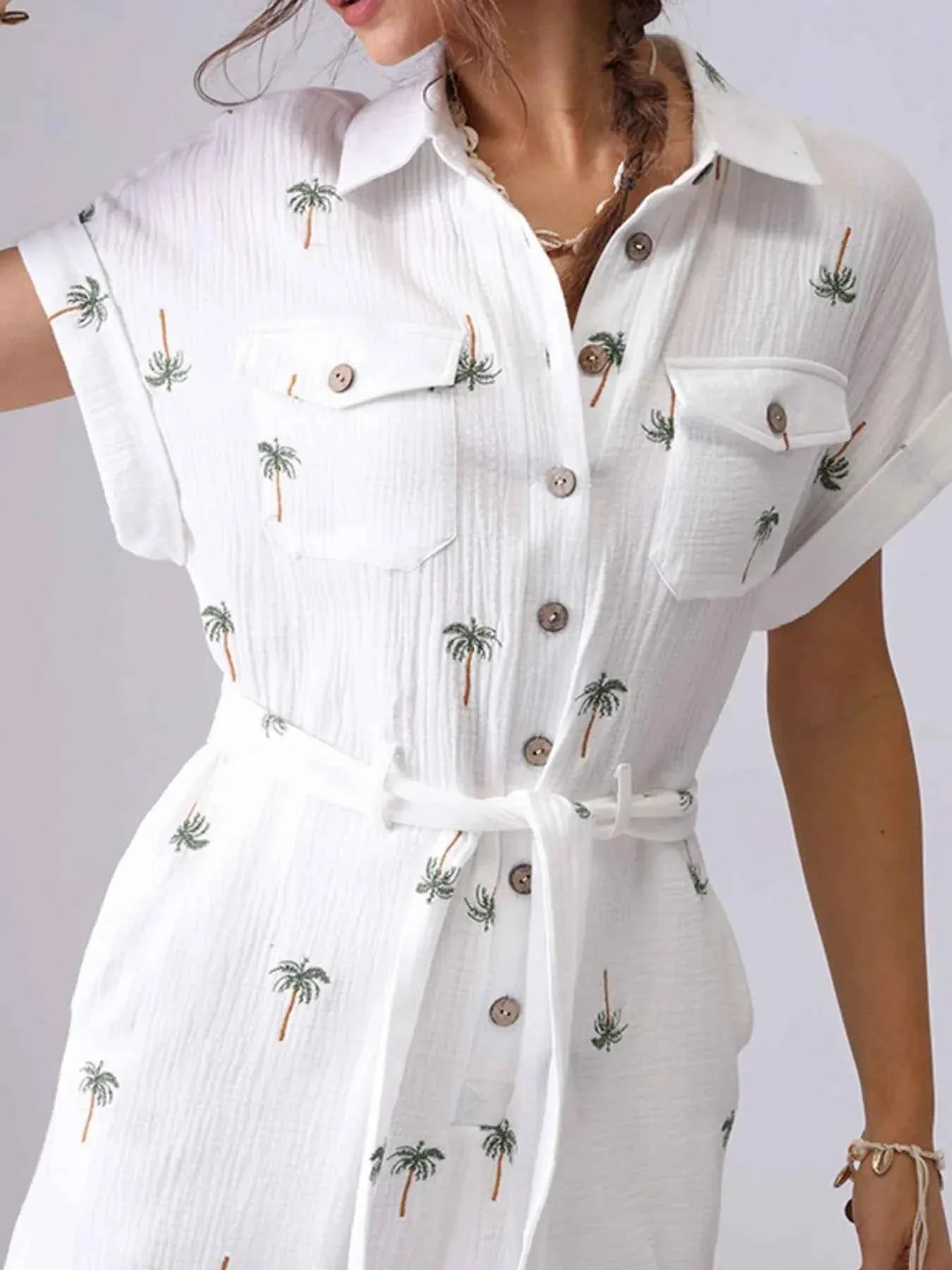 Palm Tree Print Short Sleeve Button-Up Romper with Belt.