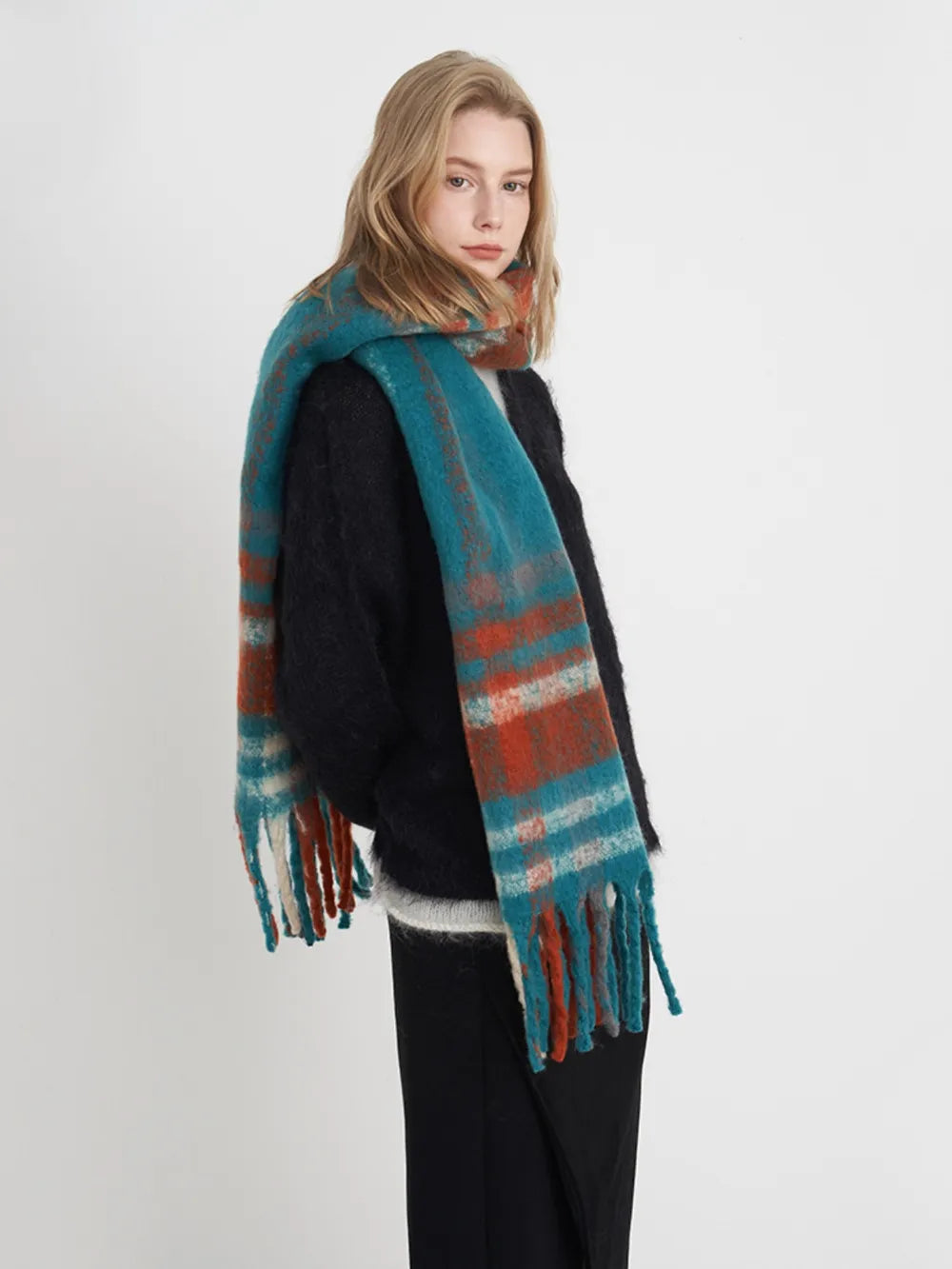 Fringe Plaid Polyester Scarf.