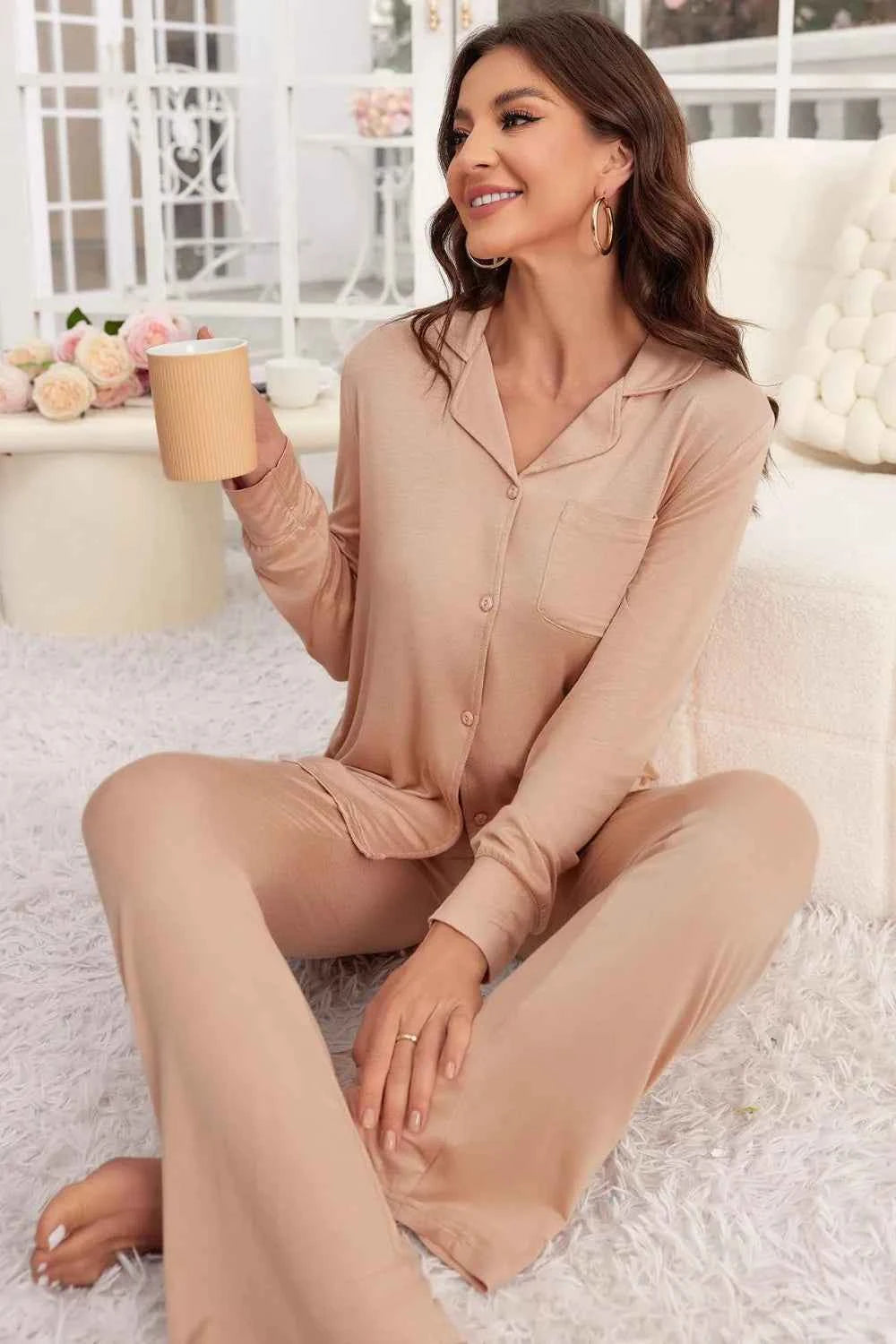 Button Up Long Sleeve Top & Pants Lounge Set.