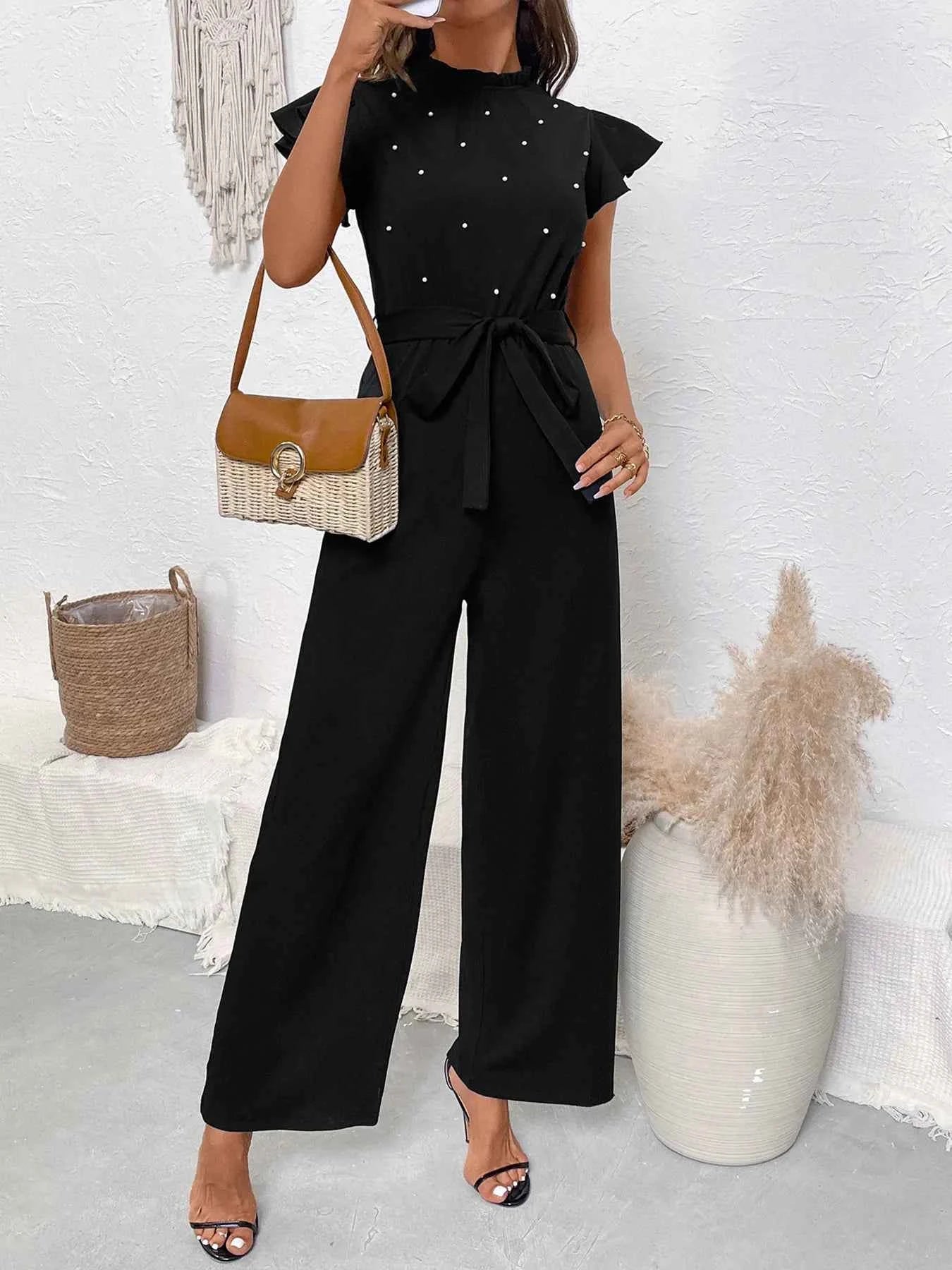 Pearl Detail Ruffled Cap Sleeve Jumpsuit.