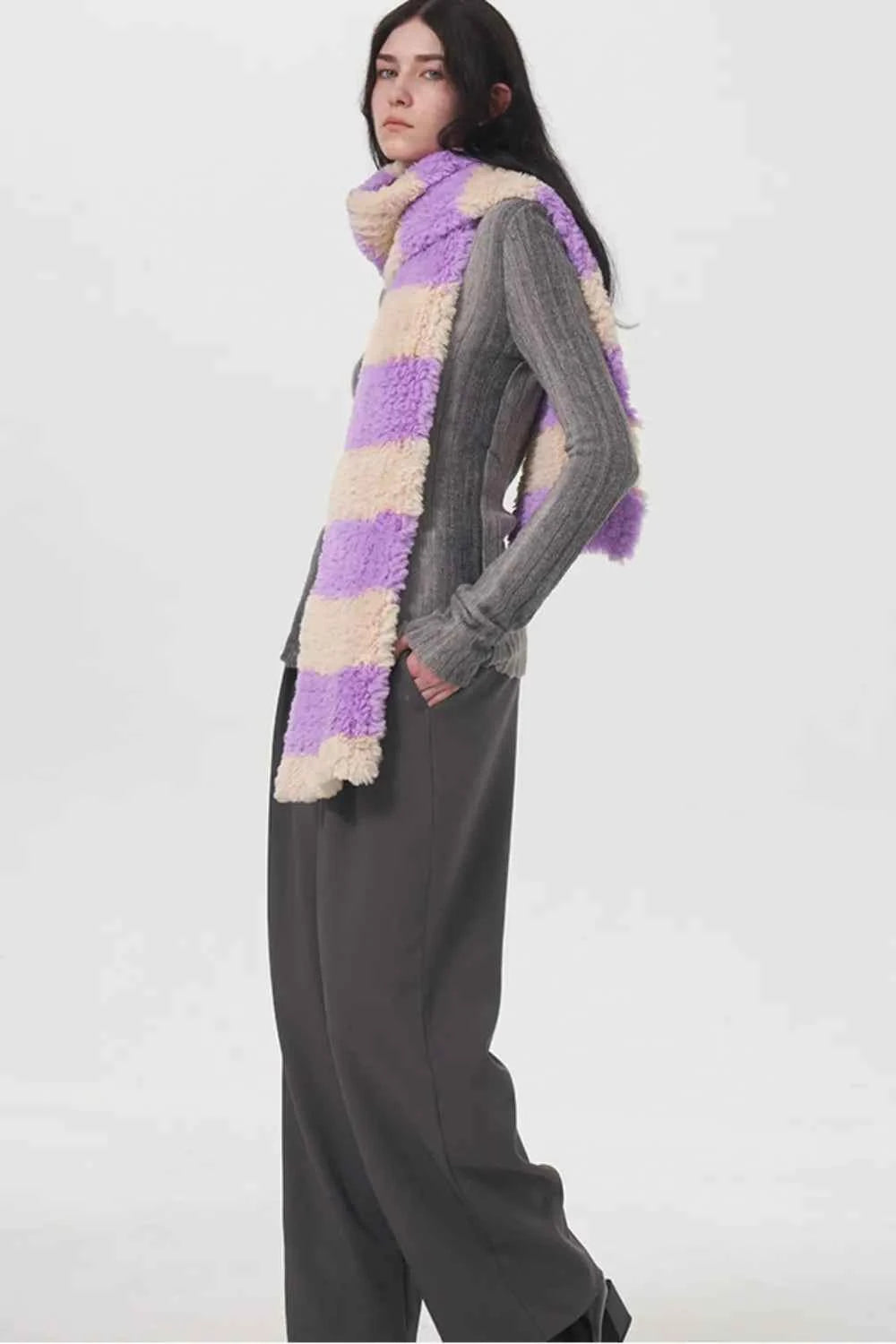 Fuzzy Contrast Striped Scarf.