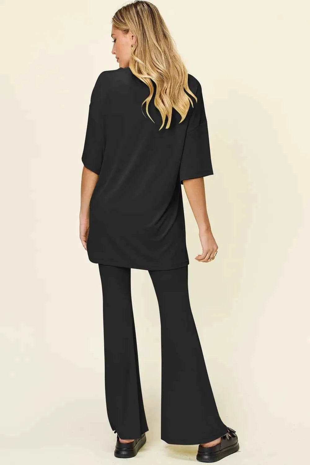 Double Take T-Shirt and Pants Set: Full Size Round Neck Drop Shoulder Style with Flare Pants - EBYNN