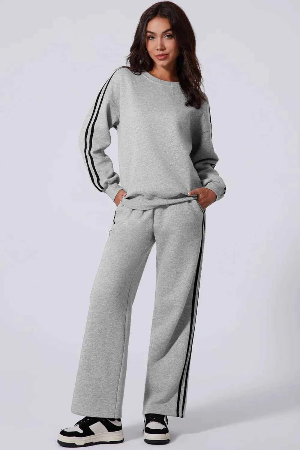 Side Striped Round Neck Active Set - Top & Pants.