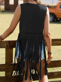 Fringe Cutout Detail Sleeveless Vest Coat.