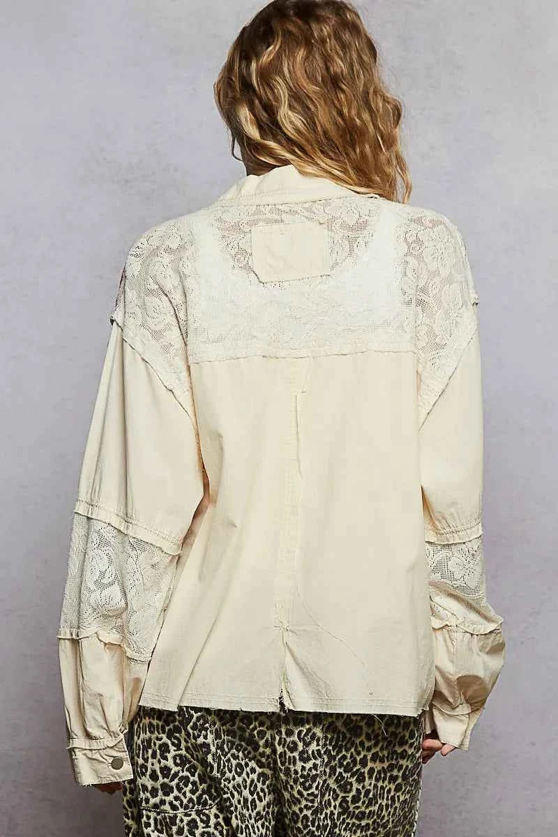 POL Printed Woven Mix Raw Hem Jacket with Lace Detail.