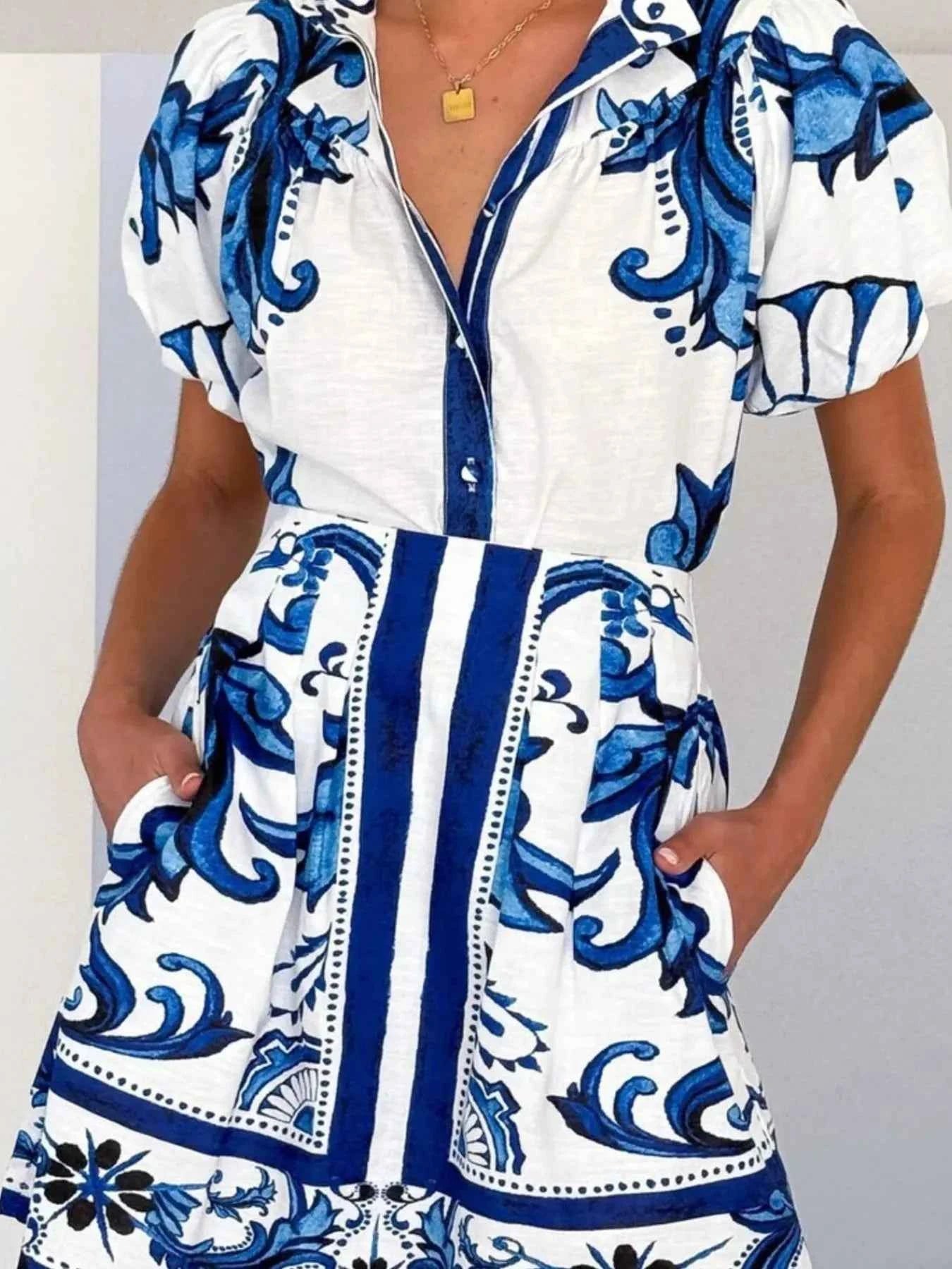 Printed Puff Sleeve Top and Skirt Set.