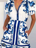 Printed Puff Sleeve Top and Skirt Set.