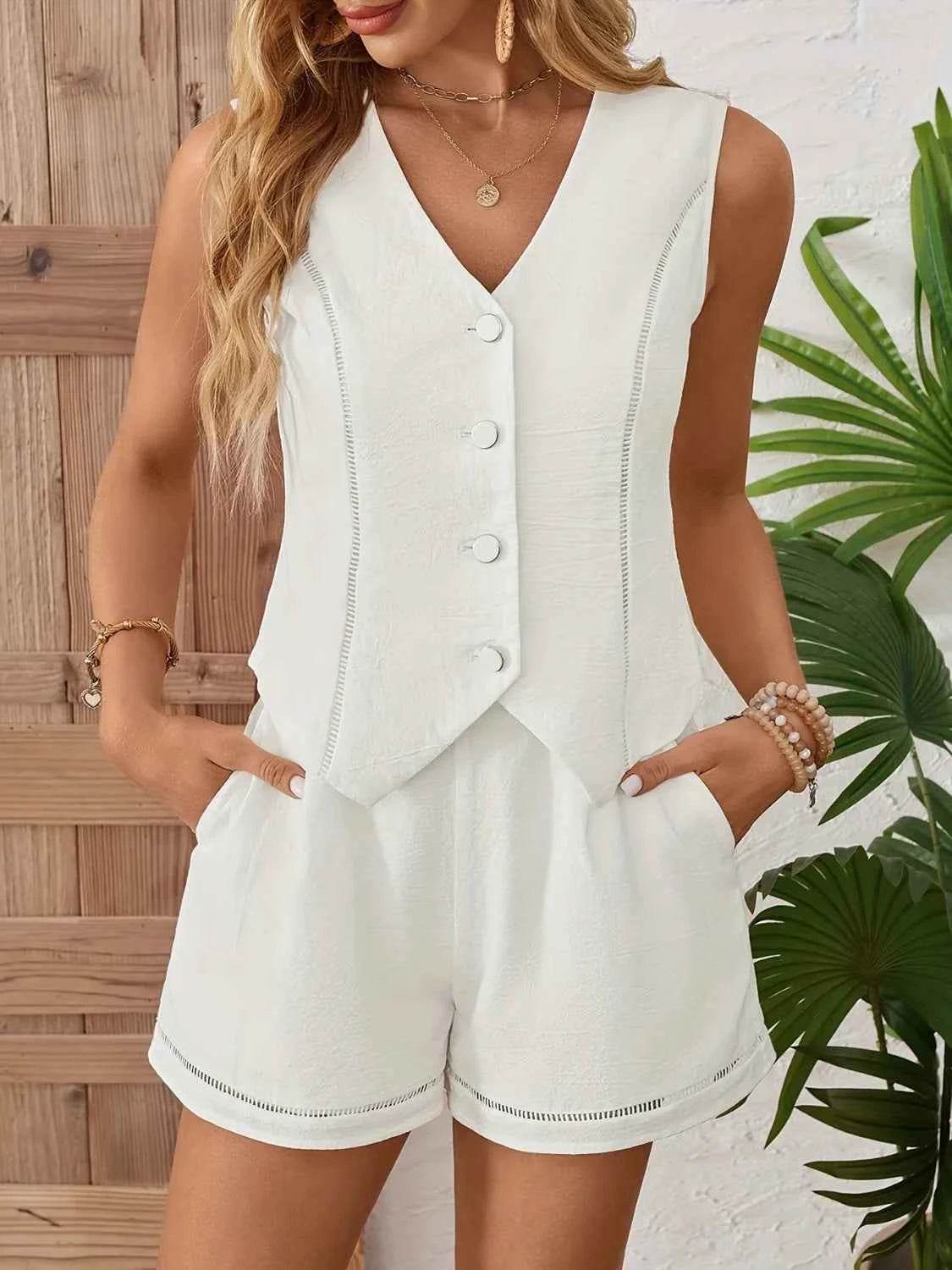 Button-Up Cotton Vest and Shorts Set - EBYNN
