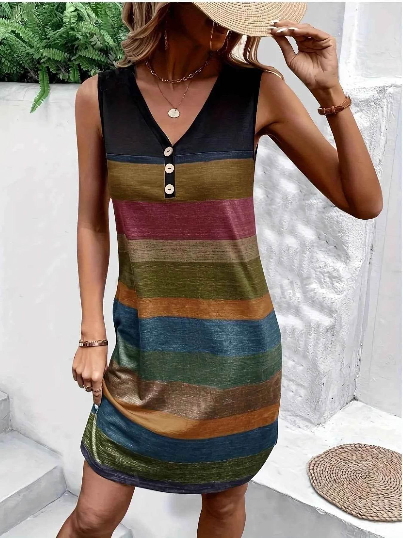 Color Block Sleeveless V-Neck Tank Dress.