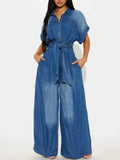 Button Front Wide Leg Denim Jumpsuit.