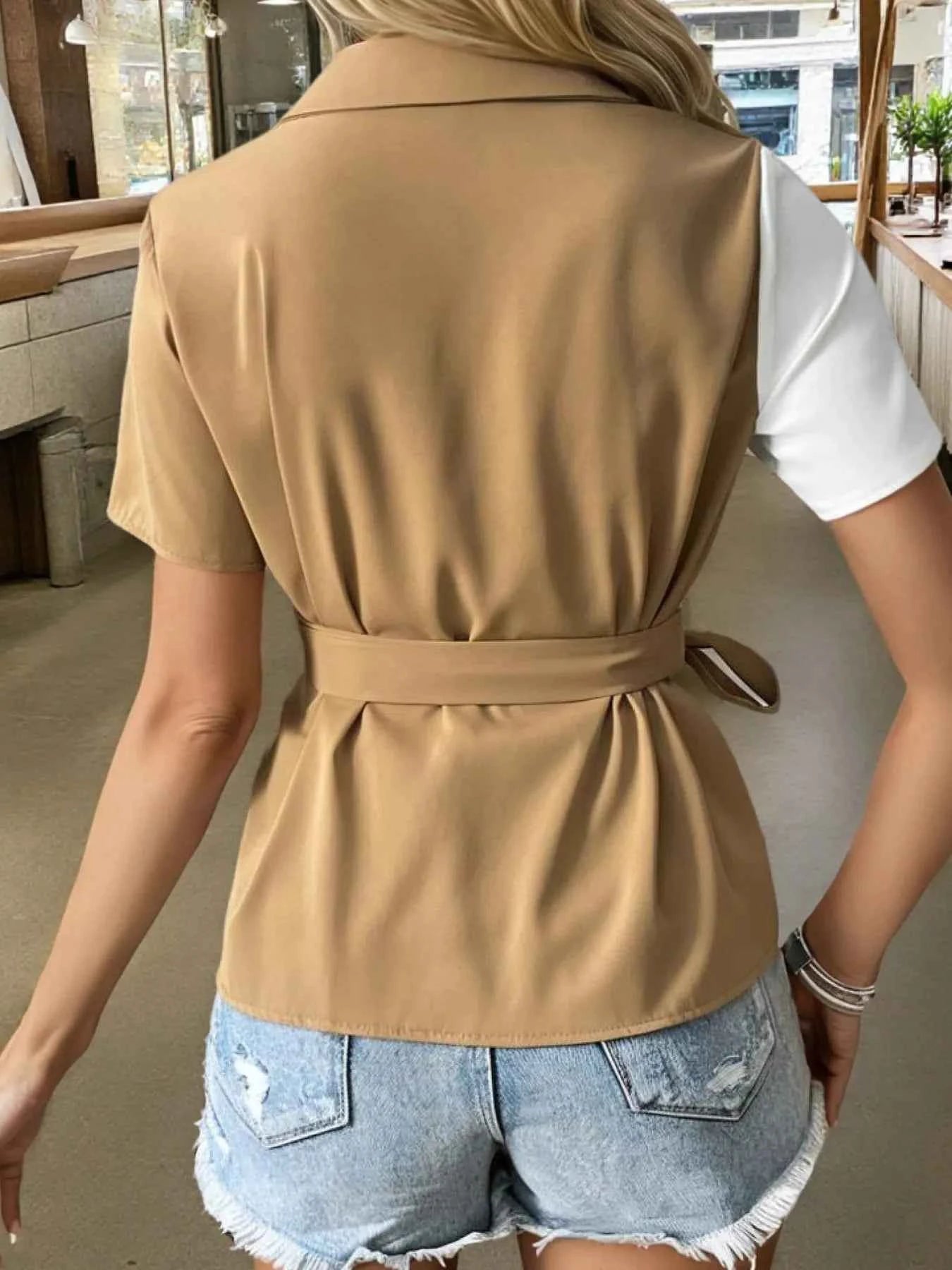 Two-Tone Short Sleeve Blouse with Tie Waist.