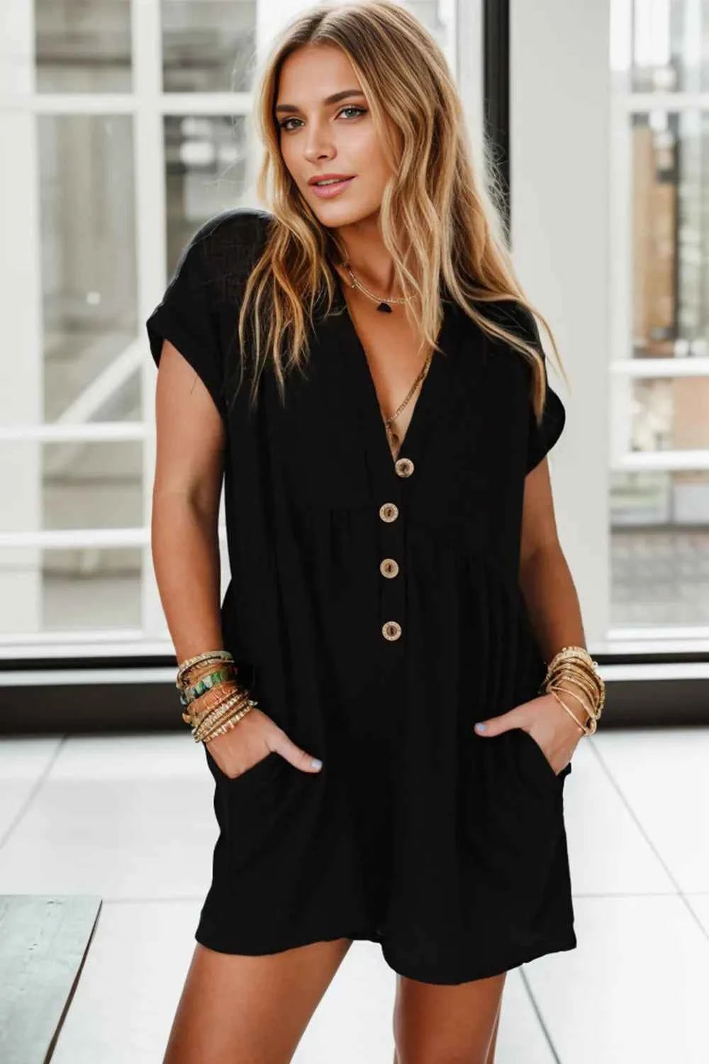 Pocketed V-Neck Short Sleeve Romper.