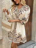 Printed V-Neck Balloon Sleeve Mini Dress.