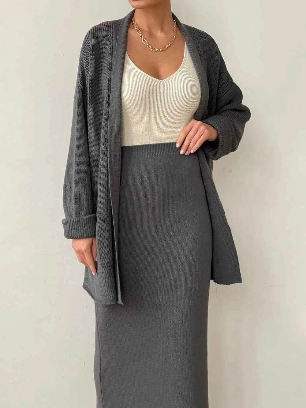 Pocketed Long Sleeve Cardigan and Skirt Sweater Set.