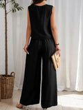 Ruched Round Neck Sleeveless Top and Wide Leg Pants Set - EBYNN