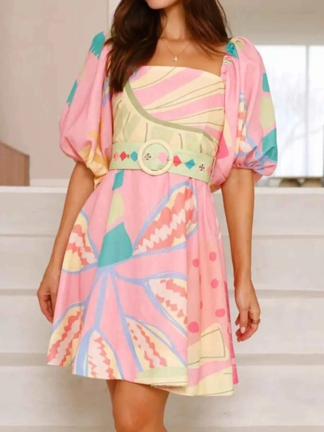 Colorful Print Belted Mini Dress with Puff Sleeves.