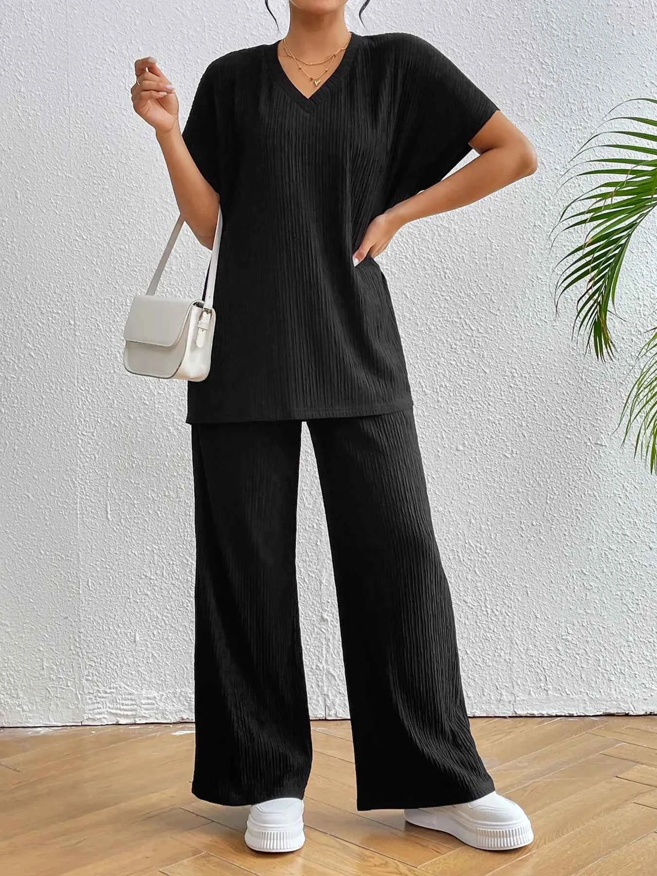 V-Neck Short Sleeve Top and Pants Set.