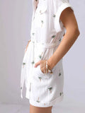 Palm Tree Print Short Sleeve Button-Up Romper with Belt.