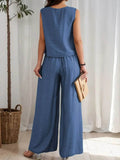 Ruched Round Neck Sleeveless Top and Wide Leg Pants Set - EBYNN