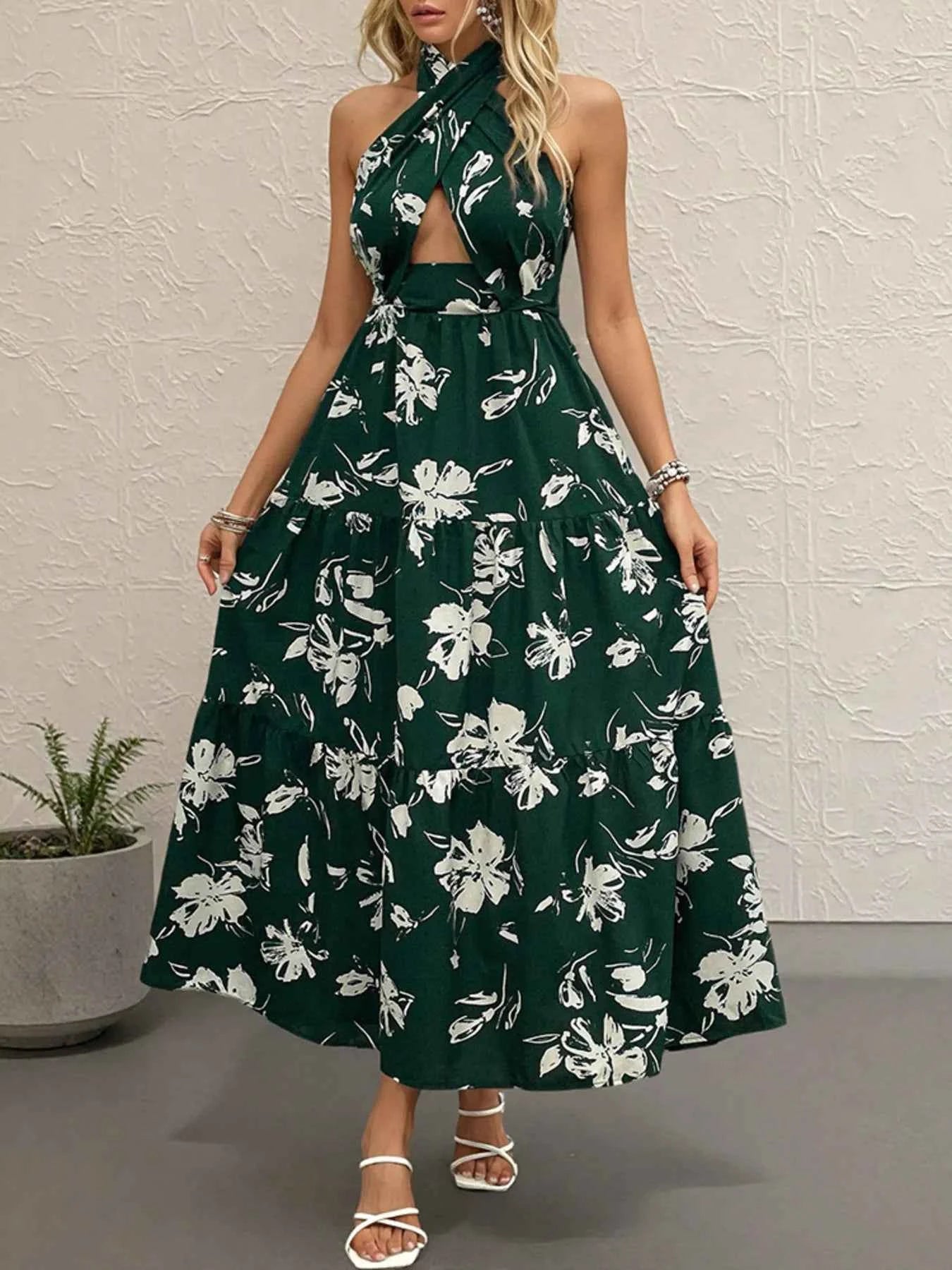 Printed Halter Neck Cutout Dress.