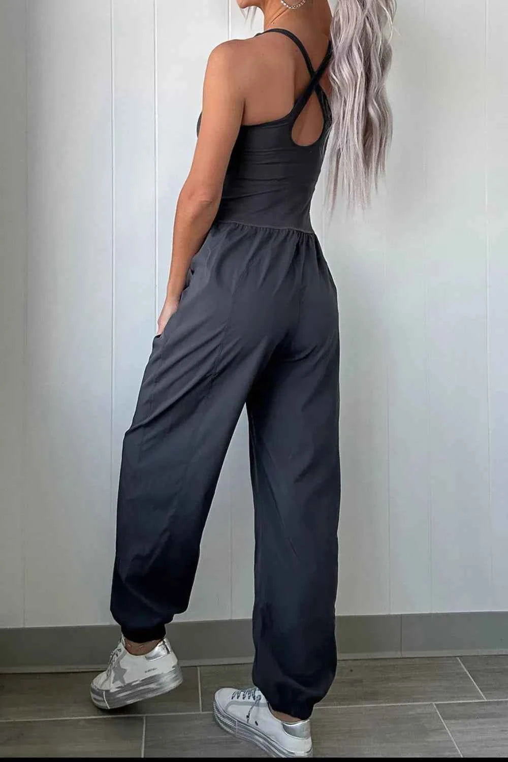 Cutout Square Neck Wide Strap Active Jumpsuit.