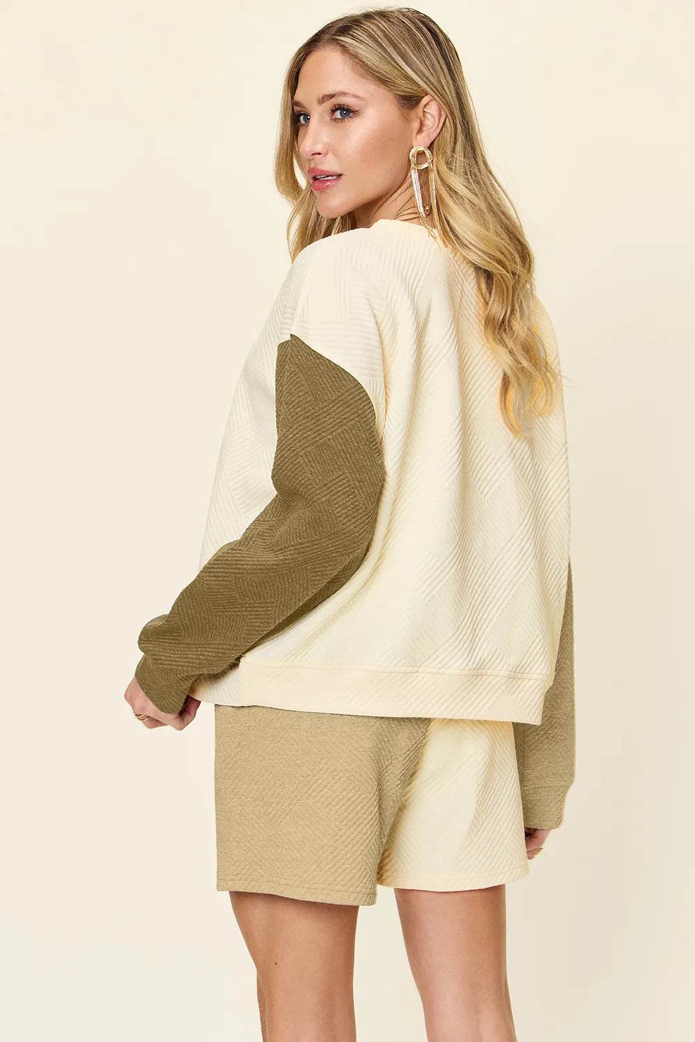 Double Take Contrast Drop Shoulder Set - Full Size Top & Shorts Combo - EBYNN