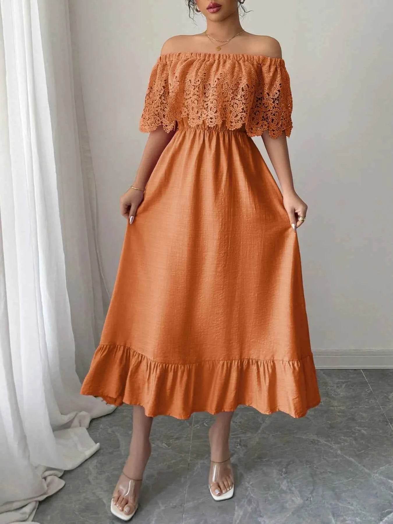 Off-Shoulder Lace Ruffle Midi Dress.