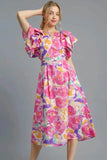 Umgee Floral Ruffled Cap Sleeve Midi Dress.