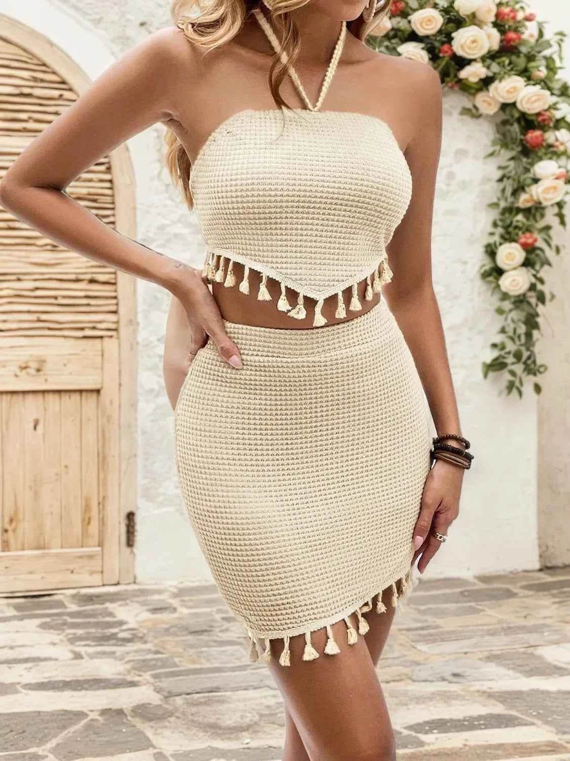 Waffle-Knit Halter Neck Top and Skirt Set - EBYNN