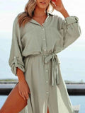 Button Down Tie Waist Shirt Dress.