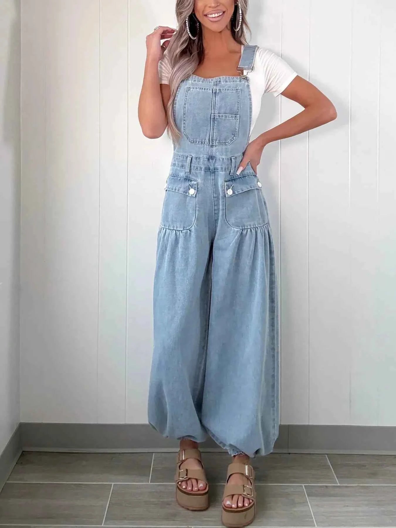 Wide Leg Denim Overalls.