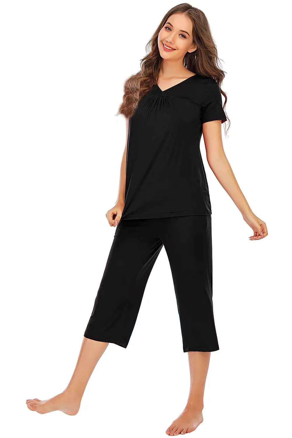 V-Neck Short Sleeve Lounge Set with Pants.