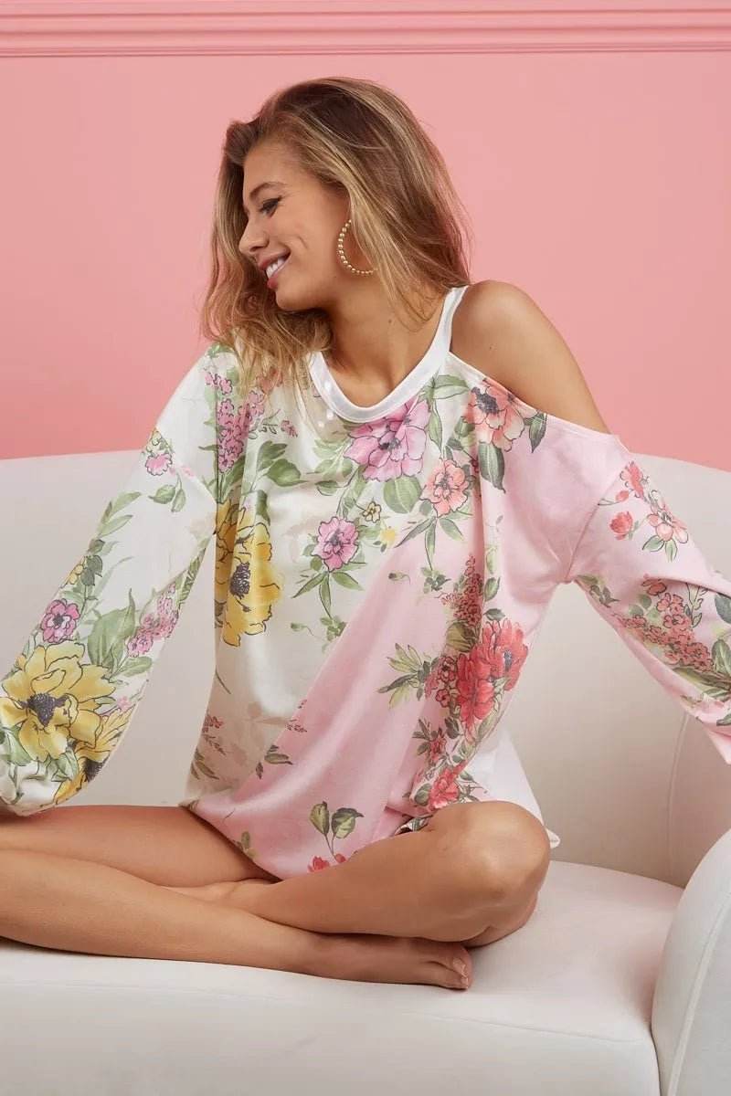 Floral Cold Shoulder Top - Color Block Design for Trendy Summer Looks - EBYNN