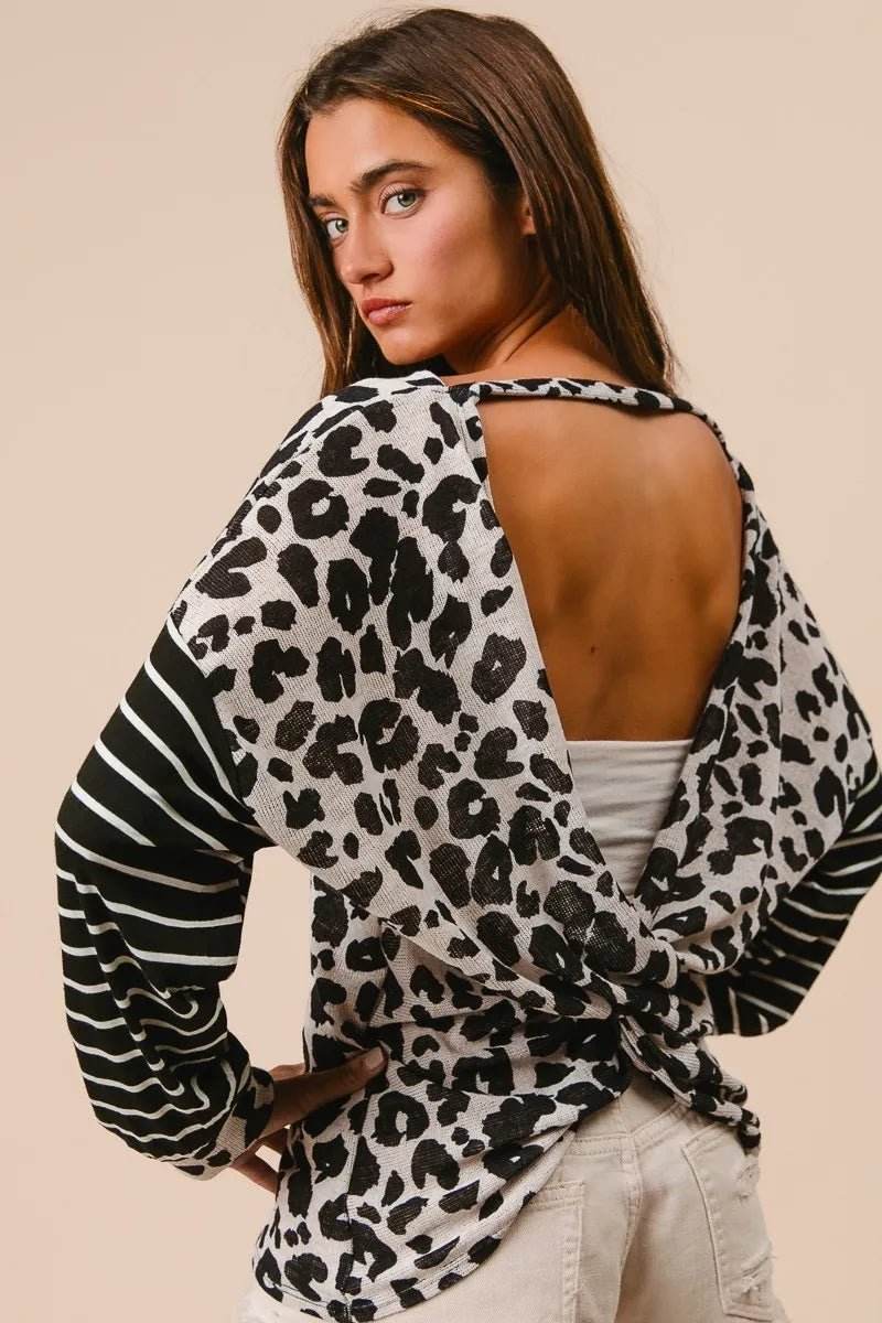 Leopard Knit Top with Twist Back and Striped Sleeves for Stylish Comfort - EBYNN