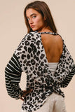 Leopard Knit Top with Twist Back and Striped Sleeves for Stylish Comfort - EBYNN