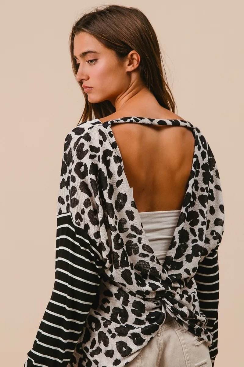 Leopard Knit Top with Twist Back and Striped Sleeves for Stylish Comfort - EBYNN
